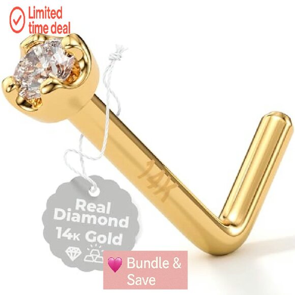 14K Gold Diamond Nose Stud 1.5mm 20 Gauge L-Shaped Piercing Jewelry - Picture 7 of 8